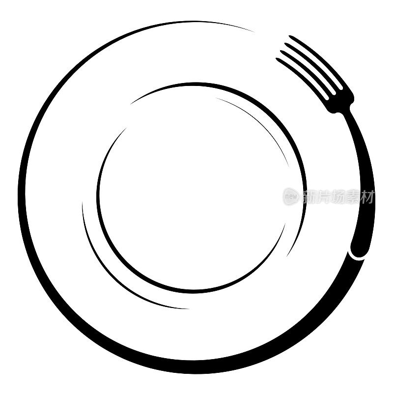 Abstract icon of a cafe or restaurant. A fork on a plate. A simple outline.